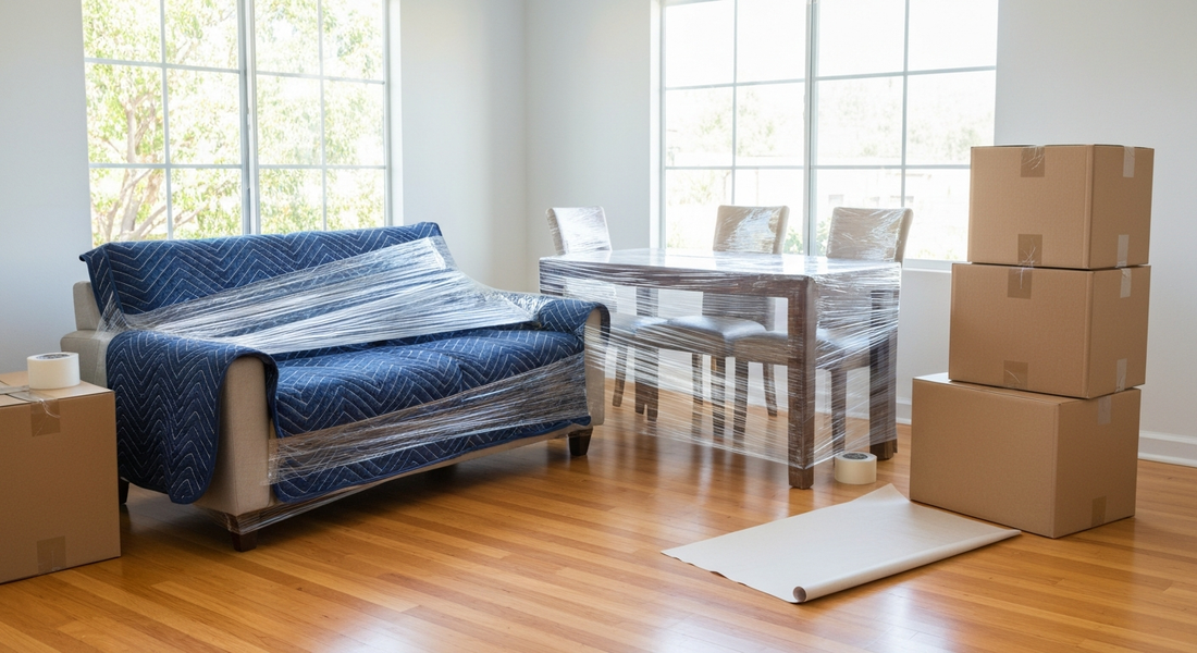 Sofa and furniture wrapped in quilted moving blankets during a Los Angeles move