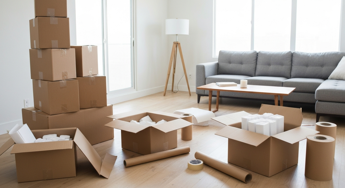 Open moving boxes packed with white and brown packing paper in a bright Los Angeles apartment