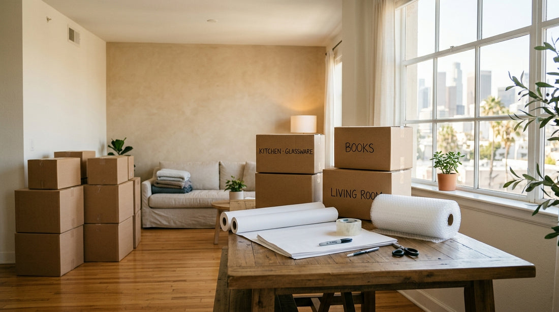 Packing paper and moving boxes organized in a Los Angeles apartment